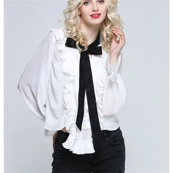 

2019 Summer New Elegant Women White Blouse Shirt Runway Long Puff Sleeve Office Wear Big Bow Ladies Formal Blouses Clothes