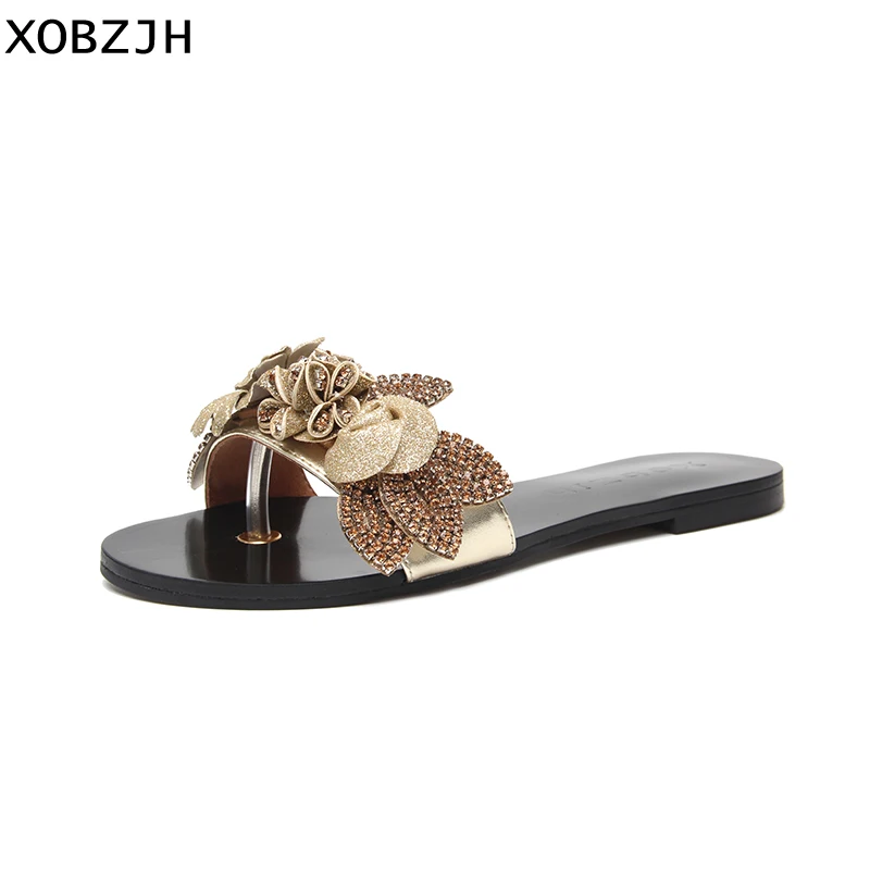 Sandalias planas de playa para zapatos de sin dorados bohemios, de marca de lujo con flores, 2019 - Calzado