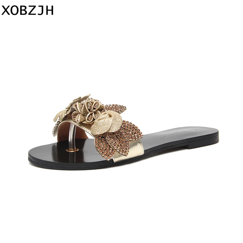 

Women Summer Shoes Flat Beach Sandals 2019 Ladies Bohemian Party Gold Slip on Slippers Shoes Woman Flower Luxury Brand Sandals