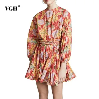 

VGH Vintage Print Mini Dress For Women O Neck Long Lantern Sleeve Bandage High Waist A Line Dresses Female 2020 Fashion New Tide