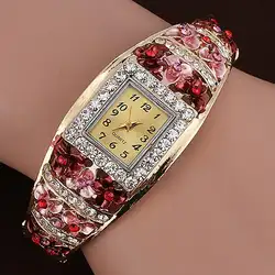 Для женщин Ретро Горный Хрусталь Полые Цветочная манжета браслет золотой сплав кварцевые наручные часы