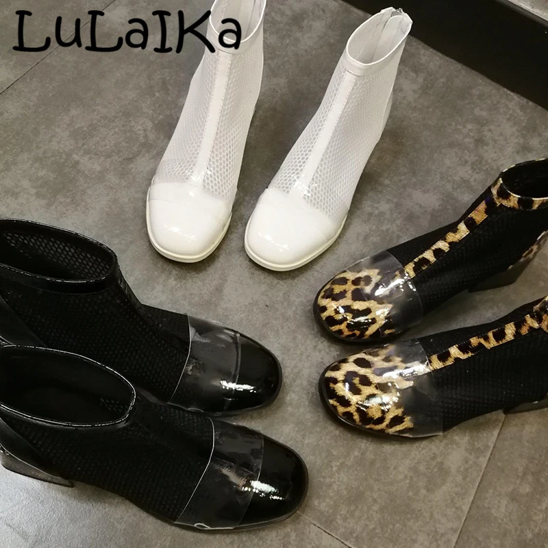 

Sexy Leopard Round Head Rivets Shining Summer Solid Color Comfortable High Heel Boots Leisure Net Breathable Cool Woman Shoes