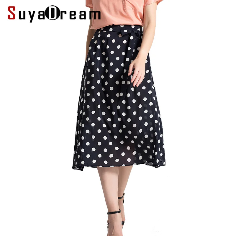 

Women Skirt 100%Real Silk Dots Printed Skirt for Women A-Line Long Skirts 2019 New Spring