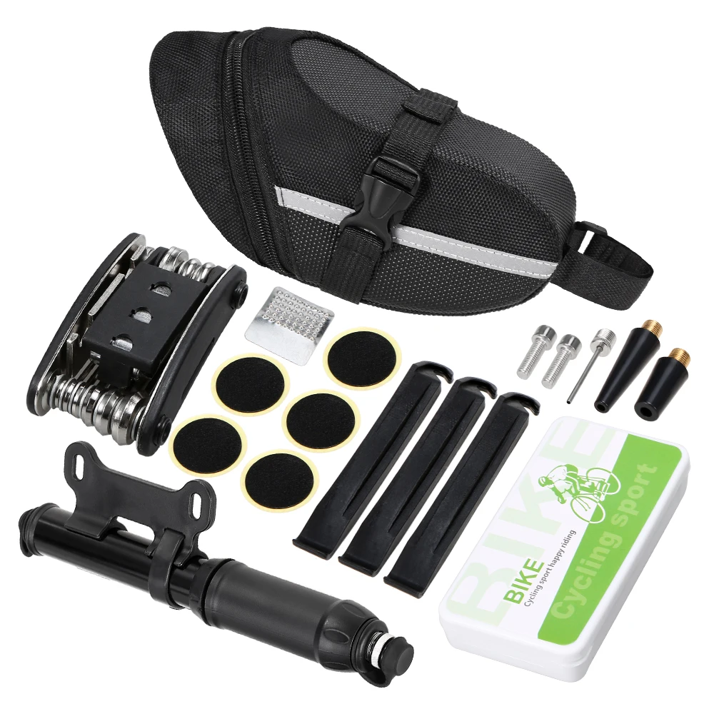 Bike Repair Kit Bike Tire Lever 120PSI Manual Pump 16-IN-1 Tool Bike Tire Rasp Patch Needle Bike Tire Repair Tools