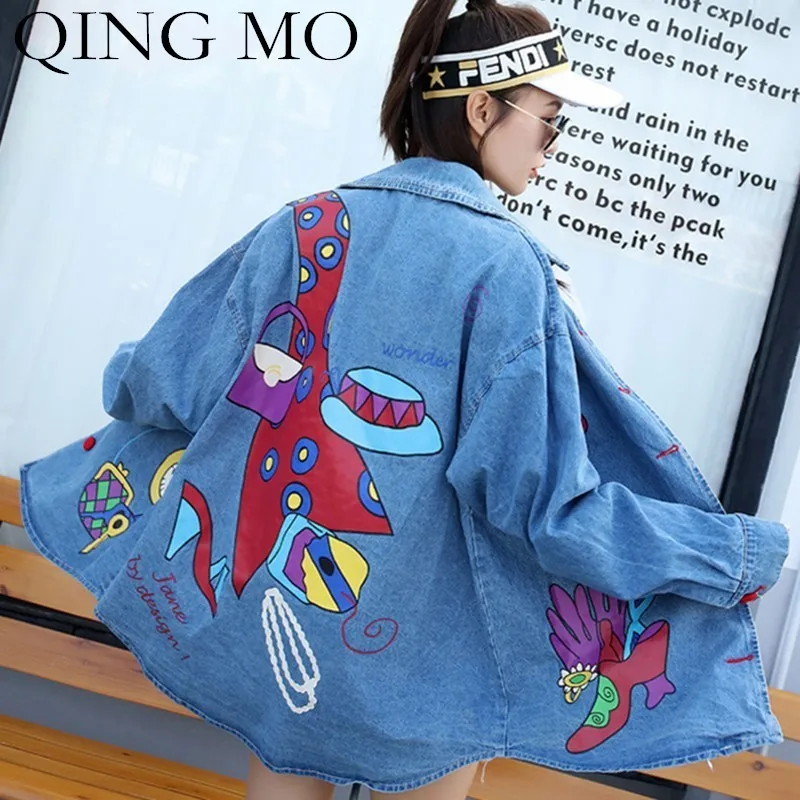 Veste Dessin Cowboy Perles De Manches Longues Printemps Impression À Chemise Jeans Blue Mo Jean Bleu Qf775 Femmes Qing Animé Femme Manteau sCdrBthQx