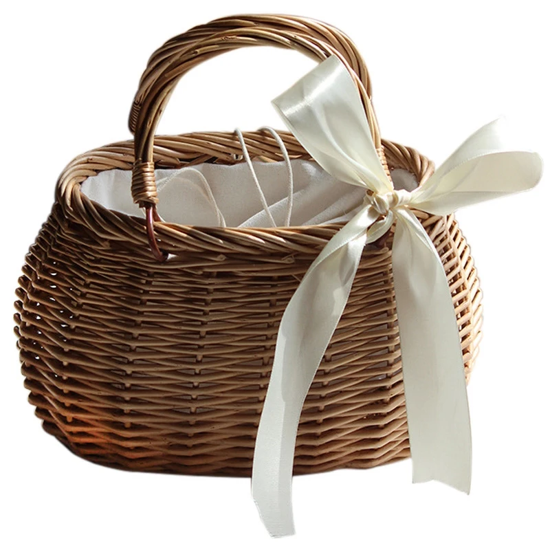 

Ribbons Bow Tie Top-Handle Wicker Bags String Rural Natural Casual Handmade Woven Rattan Bags Round Bow