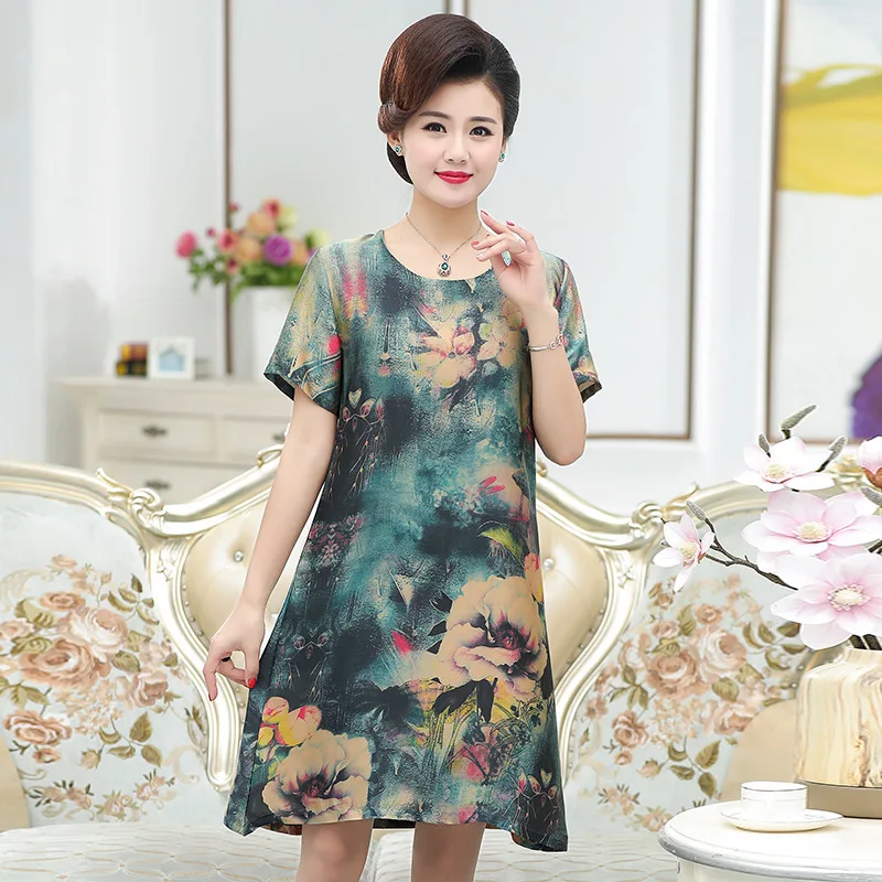 

Middle Aged Women Fashion Summer Dress Elegant O-neck Short Sleeve Printing Casual Dresses Loose Party Vestidos Plus Size