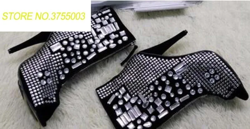 

New Open Toe Bling Rhinestones Spike High Heels Ankle Boots Real Pictures Zipper-up Short Glitter Crystal Gladiator Boots