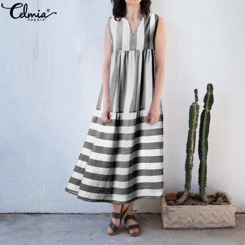 

Celmia Summer Bohemian Dress 2019 Women Casual Vintage Maxi Dresses Sexy V Neck Sleeveless Stripe Loose Party Vestidos Plus Size