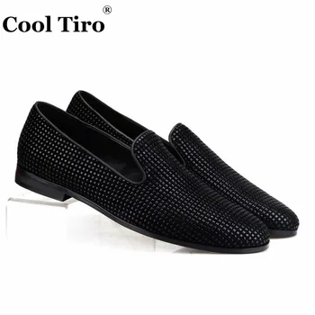 

Cool Tiro Epoxy Black Rhinestone Loafers Men's Moccasins Smoking Slippers Casual Shoes Wedding party Dress Shoes Genuine Leather