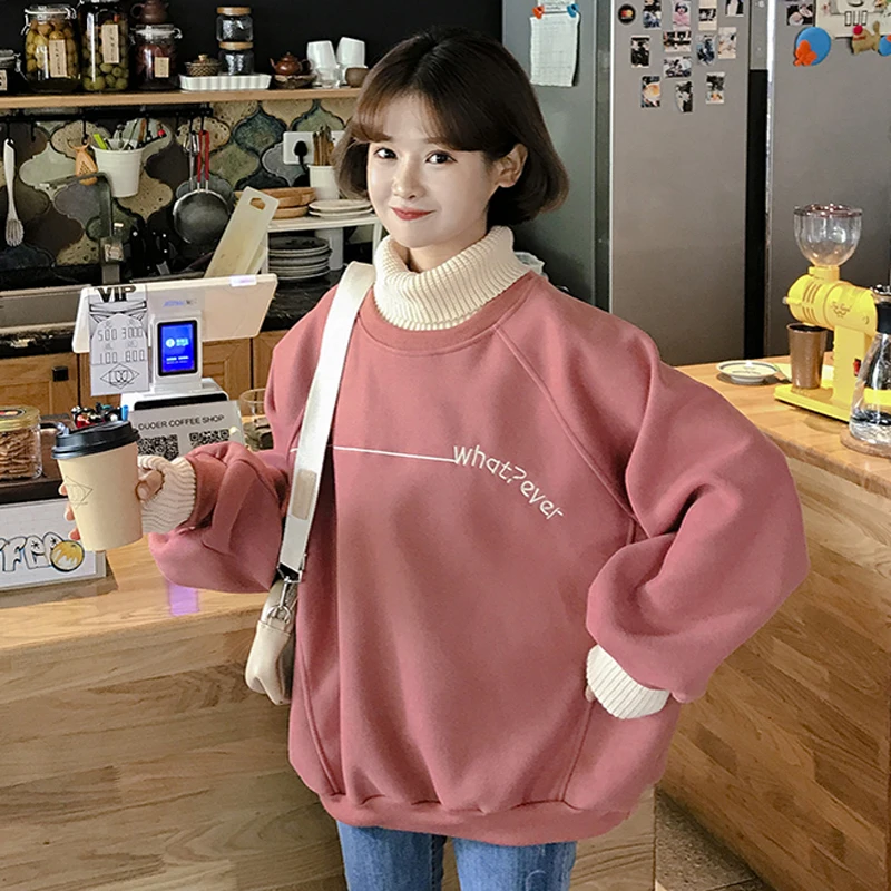 

New Autumn Winter Thick Hoodies Sweatshirt Women Harajuku Wool Stitching Patchwork Batwing Pullovers Student Chic Warm Fall Tops