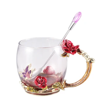 

1PC Color Enamel Rose Crystal Floral Tea Cup Coffee Mug Water Glass Juice Mug for Making Tea Business Gift Drinking Water