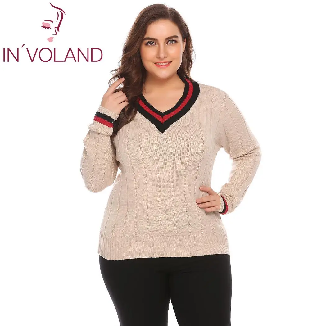 

IN'VOLAND Plus Size Women Sweater V-Neck Long Sleeve Autumn Tops Casual Patchwork Pullover Slim Winter Knit Sweater Oversized