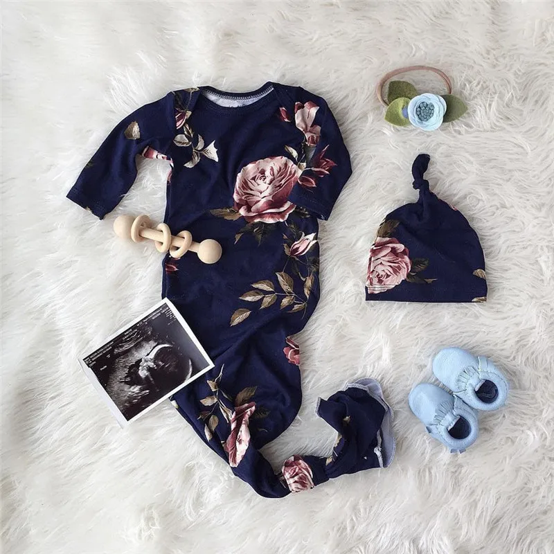 Casual Infant Baby Boy Girls Sleepwear Sets Cotton Clothes Floral Long Sleeve Jumpsuit Hat 2Pcs Unisex Baby Sleepwear 3-6M