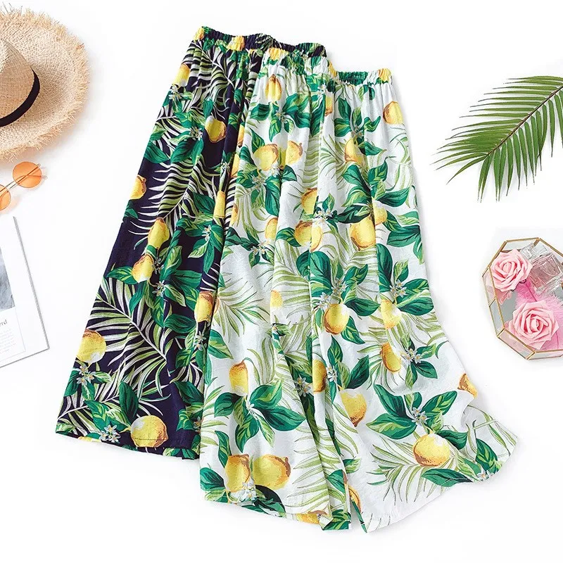 

2019 New Summer Women Floral Print Pants Bohemian High Waist Wide Leg Pants Female Cotton Linen Casual Beach Trousers
