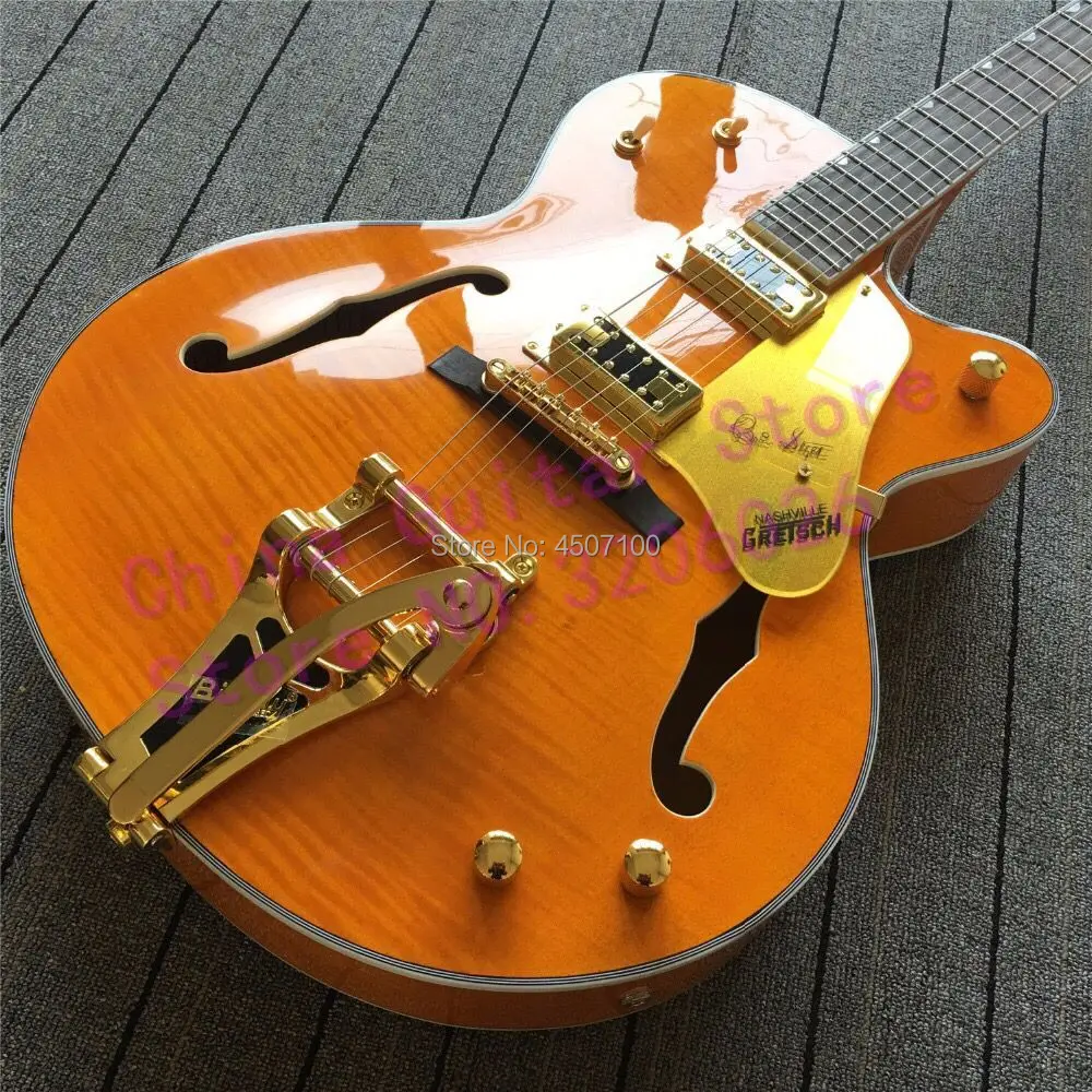 

orange faclon G6120 brian setzer jazz guitar with flame maple top;gold hardware;free shipping