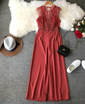 

Euro-American Style Hollow Lace Jumpsuits Casual Women Stitching Sleeveless High Waist Wide Leg Rompers