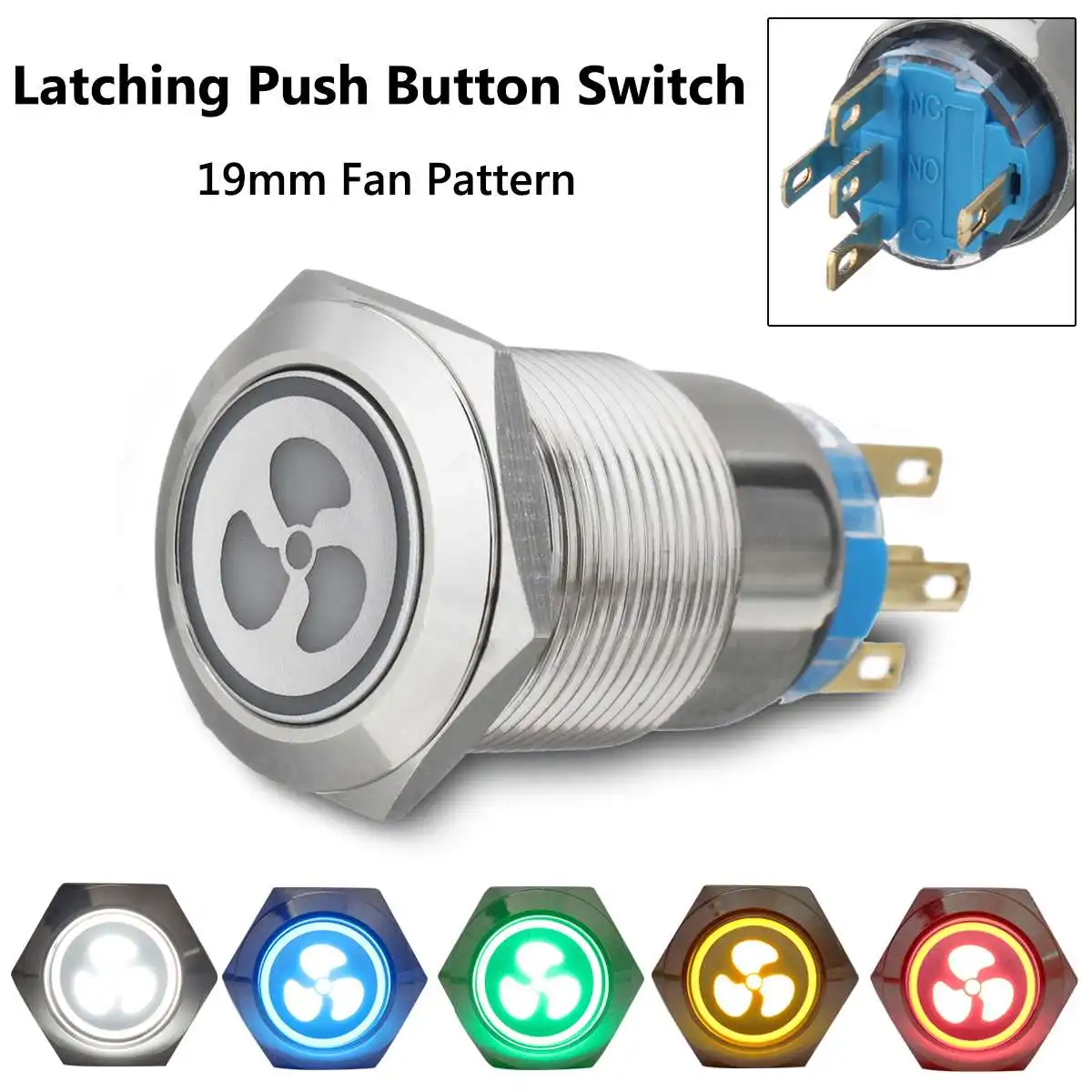 19mm LED Push Button Switch 12V Self-Lock Panel Fan Switch For Car Truck Lorry Boat