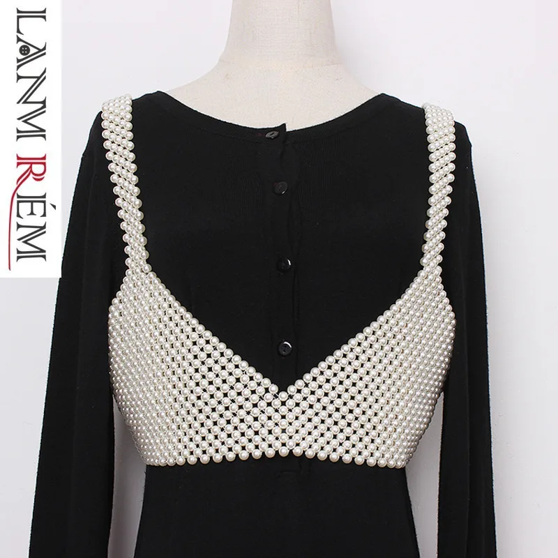 

LANMREM 2020 New Niche Pearl Vest For Woman Retro Personality V Collar Strap Bead Weaving Tank Tops Hot Sale outwear YG92300