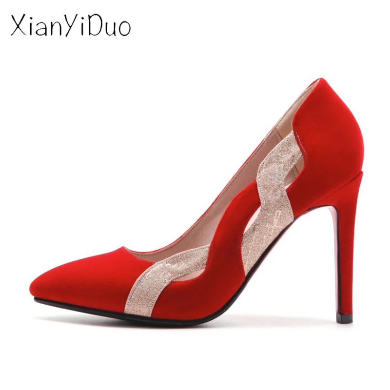 

2019 new spring sexy fashion Women's Shoes party Pointed Toe Fretwork bling super high heels Pumps big size 34-43 red wedding
