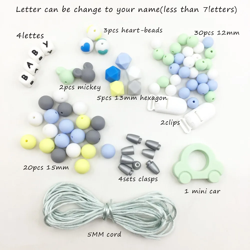 

Personalized name set Silicone Teether Accessories DIY Beads baby Teething Jewelry Hand Made Pacifier Clip BPA Free DIY Bracelet