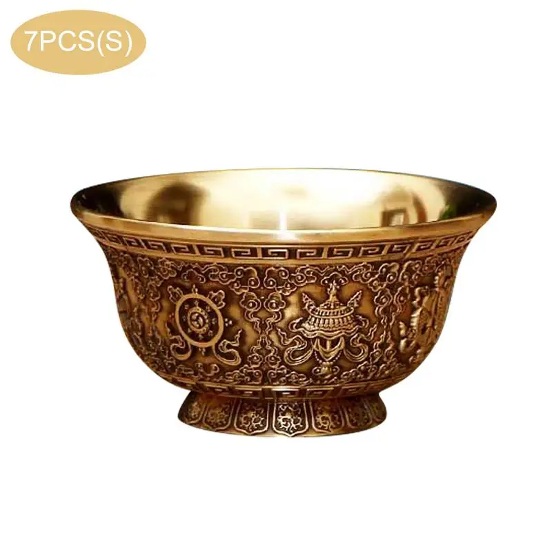 

7 PCS / Set Tibetan Singing Bowls Indian Style Pure Copper Carved Golden Bowls For The Buddha With Eight Auspicious Symbols