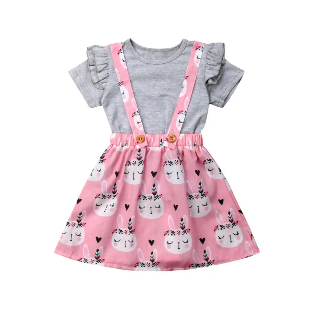 Милая хлопковая футболка с короткими рукавами для маленьких девочек, топы, юбка на подтяжках с цветочным рисунком кролика, платье, 2