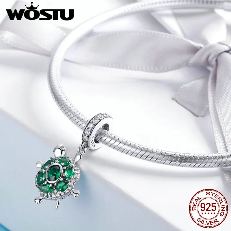 WOSTU Горячая Мода 925 пробы Серебряный Зеленый черепаха Шарм подходит браслет и ожерелье кулон милые животные ювелирные изделия подарок CQC1017