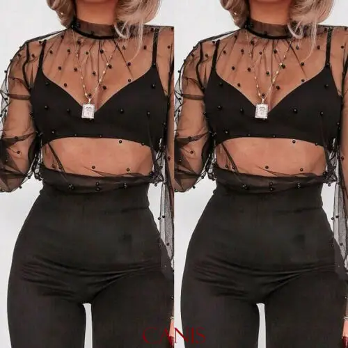 2019 для женщин обувь девочек сетки Sheer Crop Top с длинным рукавом Прозрачный рубашка