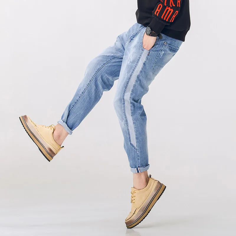 

#2729 Light Blue Men Jeans Regular Fit Fashion Casual Jeans Biker Denim Joggers Slim Hip Hop Jeans Side Stripe Plus Size 40 42