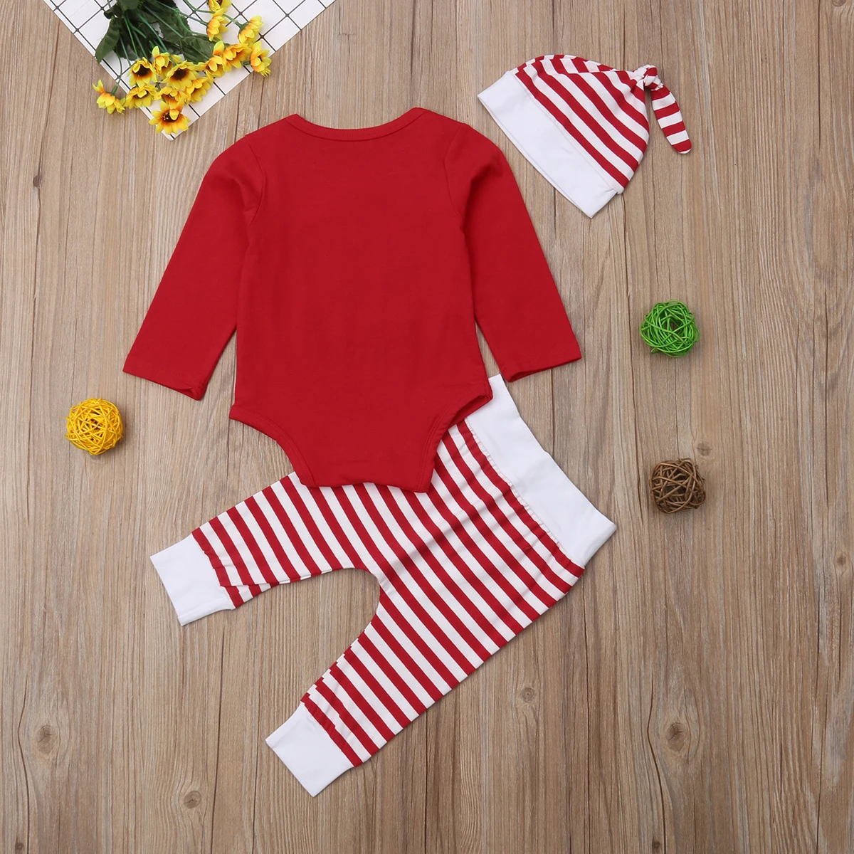 Комплекты одежды для маленьких мальчиков и девочек Рождественский комбинезон с длинными рукавами штаны в полоску Одежда с шапкой детские костюмы для маленьких мальчиков и девочек от 0 до 24 месяцев
