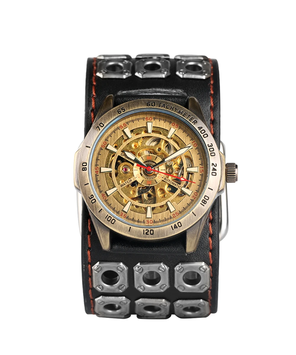 

Men's Waterproof Automatic-self-winding Wrist Watches Punk Automatic Mechanical Skeleton Leather Band Cool Tough Style