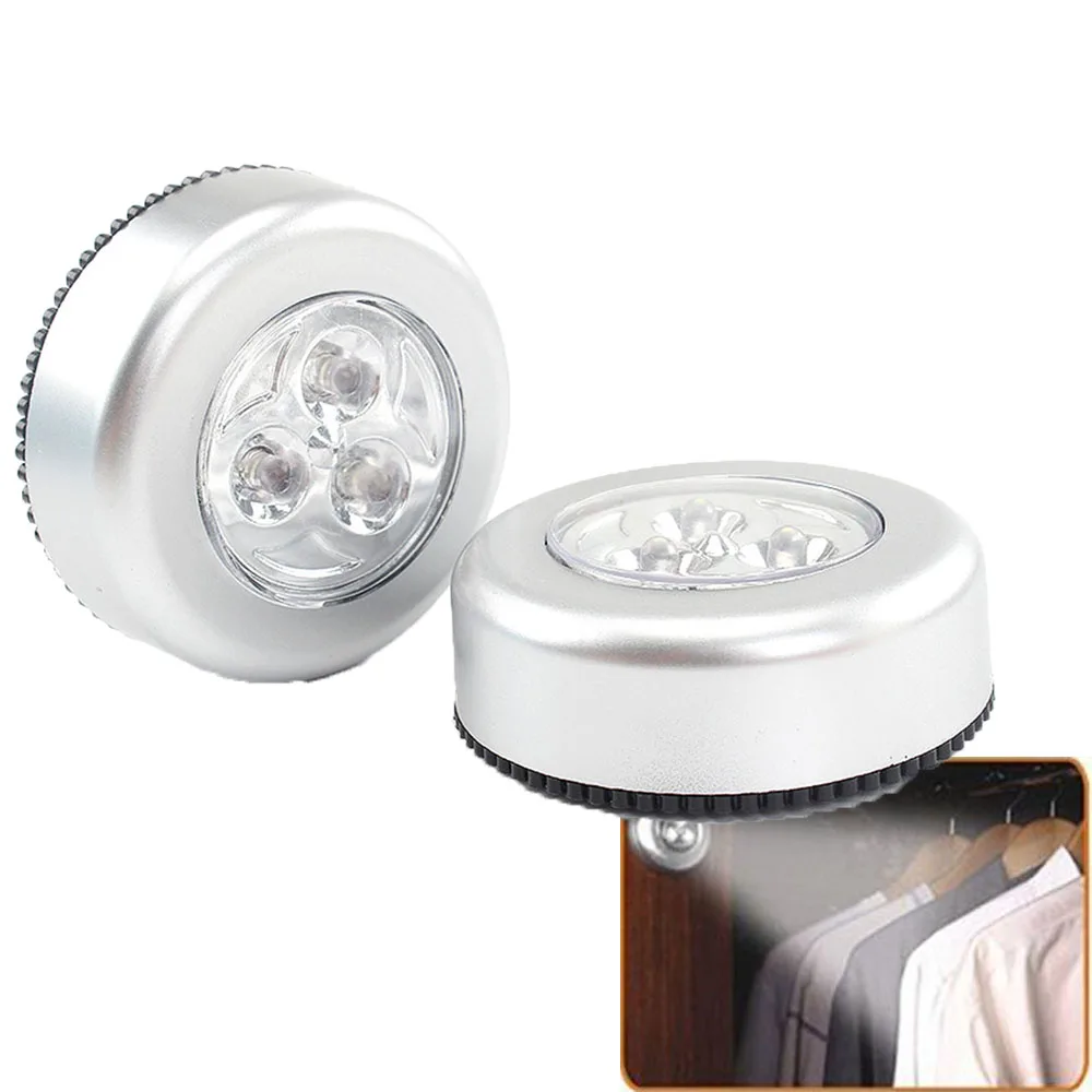 

Silver Closet Cabinet Lamp 3 LED Battery Powered Wireless Stick Tap Touch Push Security Kitchen Wall Car Traveling Night Light