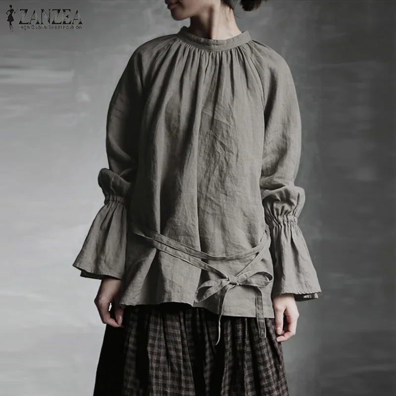 

2019 ZANZEA Women Vintage Flare Sleeve Blouse Spring Cotton Linen Shirt Casual Solid Loose Work Blusas Retro Robe Top Femininas