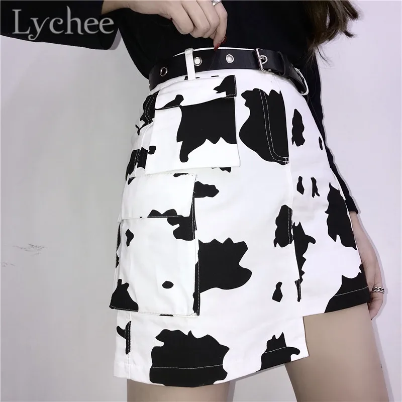 

Lychee Harajuku Cow Pocket Irregular Women A-line Skirt High Elastic Waist Pocket Above Knee Summer Spring Female Mini Skirts