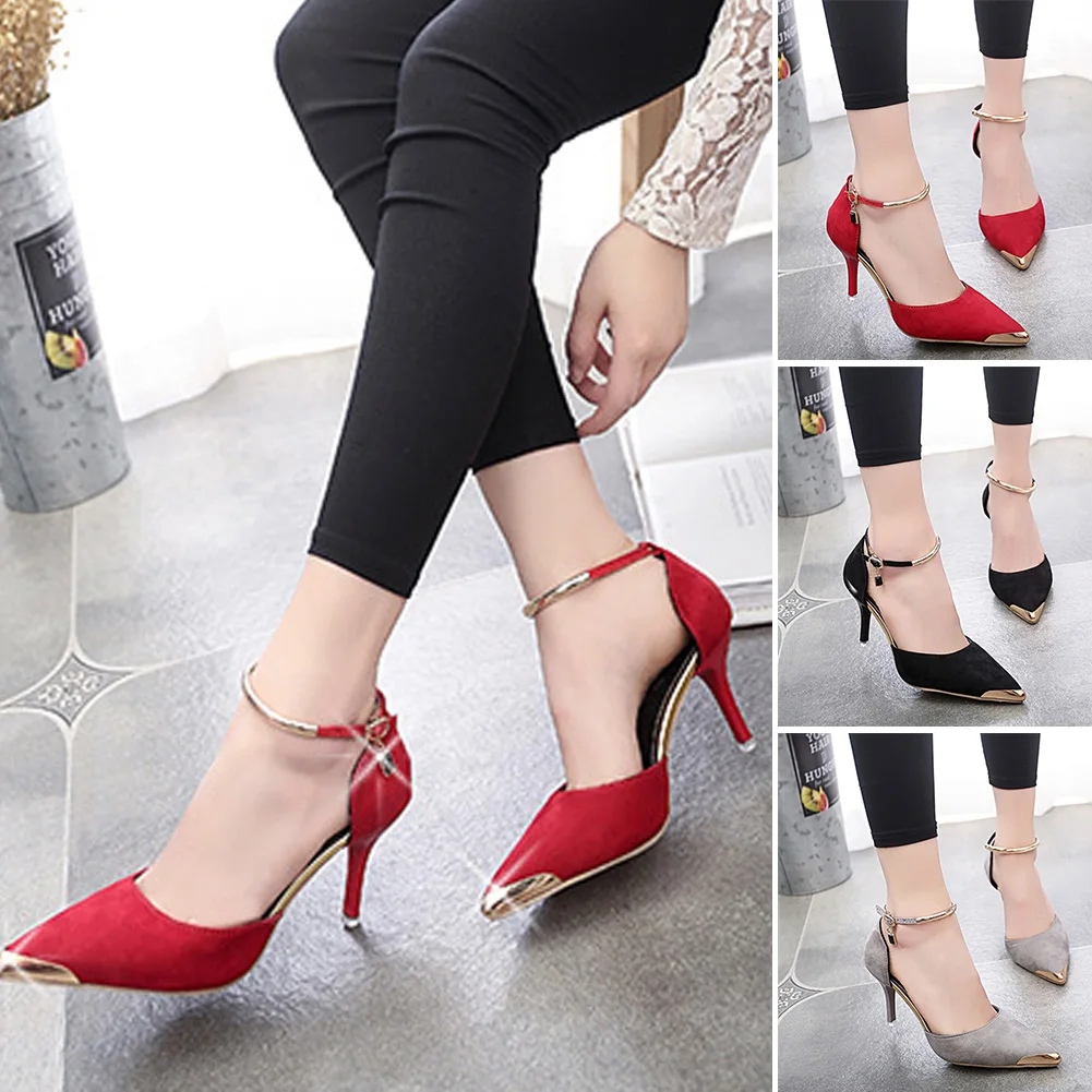 

Summer Women Red High Heels Shoessandals Pointed Toe Suede Buckle Strap Thin Heels elegent Sexy OL ladies Shoes mujerzapatos 104