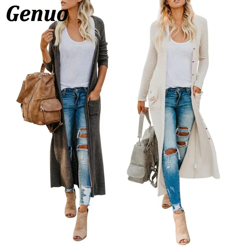 Winter Woman Sweater Cardigans Female Women Long Sweater Coat Knitting Long Sleeve Solid Button Pocket Long Coat Knitwear Genuo