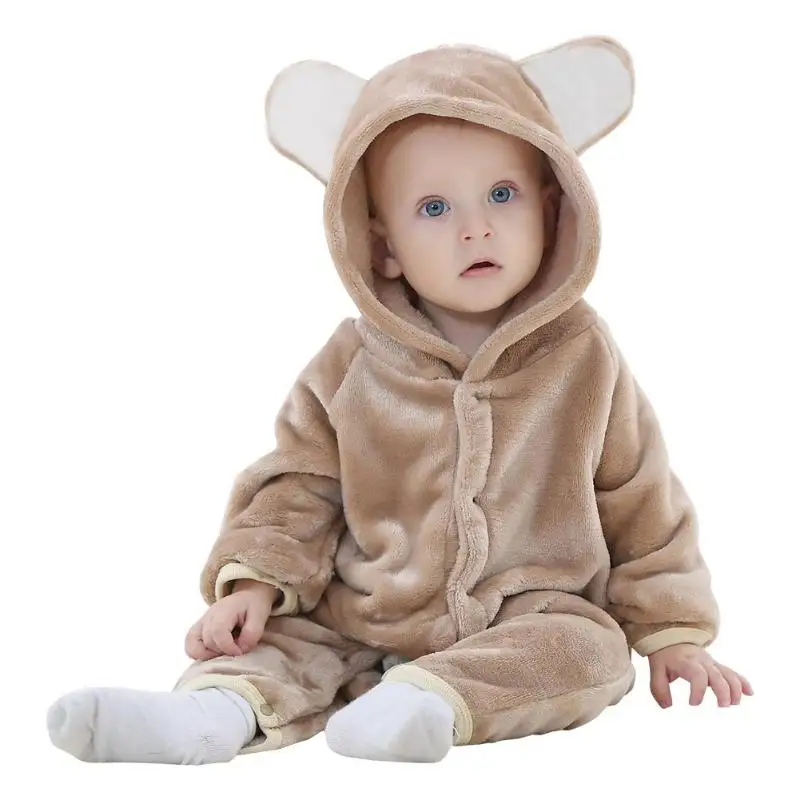 Халат для новорожденных милый медведь комбинезон для новорожденных оснастки кнопки зимний комбинезон с капюшоном плотная детская фланелевая однотонная одежда