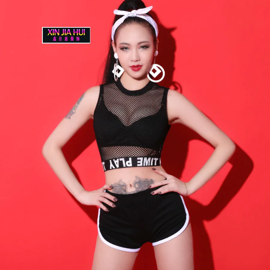 

Bar Nightclub DJDS Serve New Pattern Show Sexy Black Mesh Ballroom Pole Dance Jazz Singer Sports Style Shorts 2 Piece Set Women