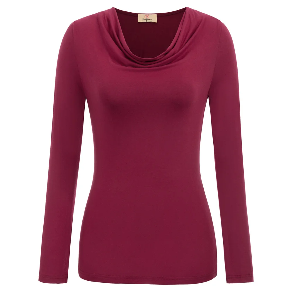 

Gk Women's T-shirt Comfy Vintage Retro 60s Long Sleeve Draped Neckline Rayon Tops Soft & Comfortable Rayon Fabric Women T-skirt