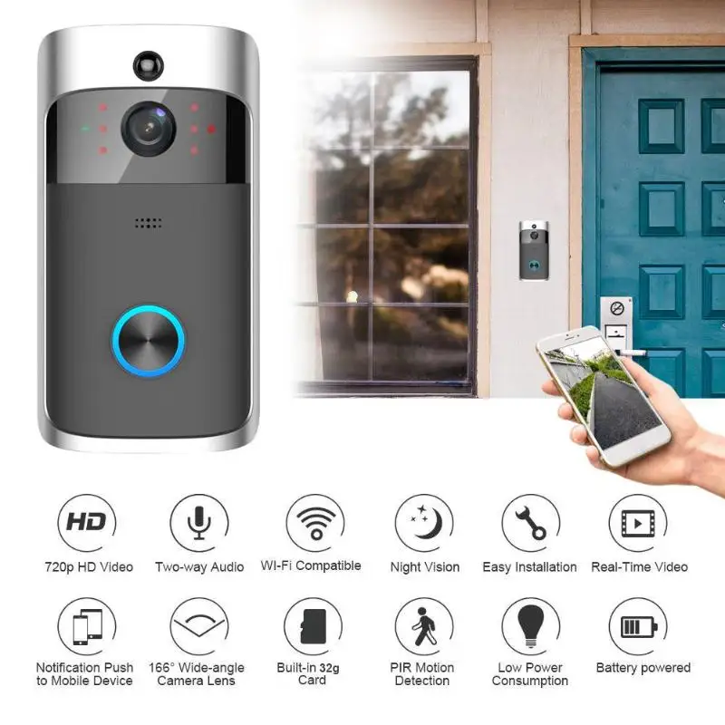 

WiFi Smart Wireless Security DoorBell HD 720P Visual Intercom Recording Video Phone Remote Home Monitor Night Vision Receiver