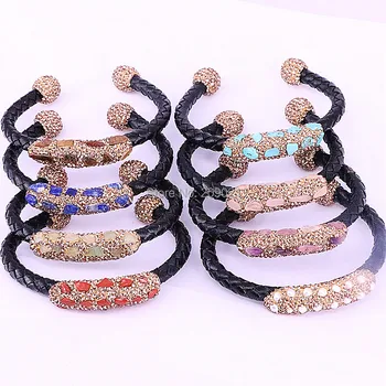 

5Pcs Fashion Snakeskin Leather Cuff Bangle for Men /Women Rhinestone Pave Natural Stone Beads Black Bangles