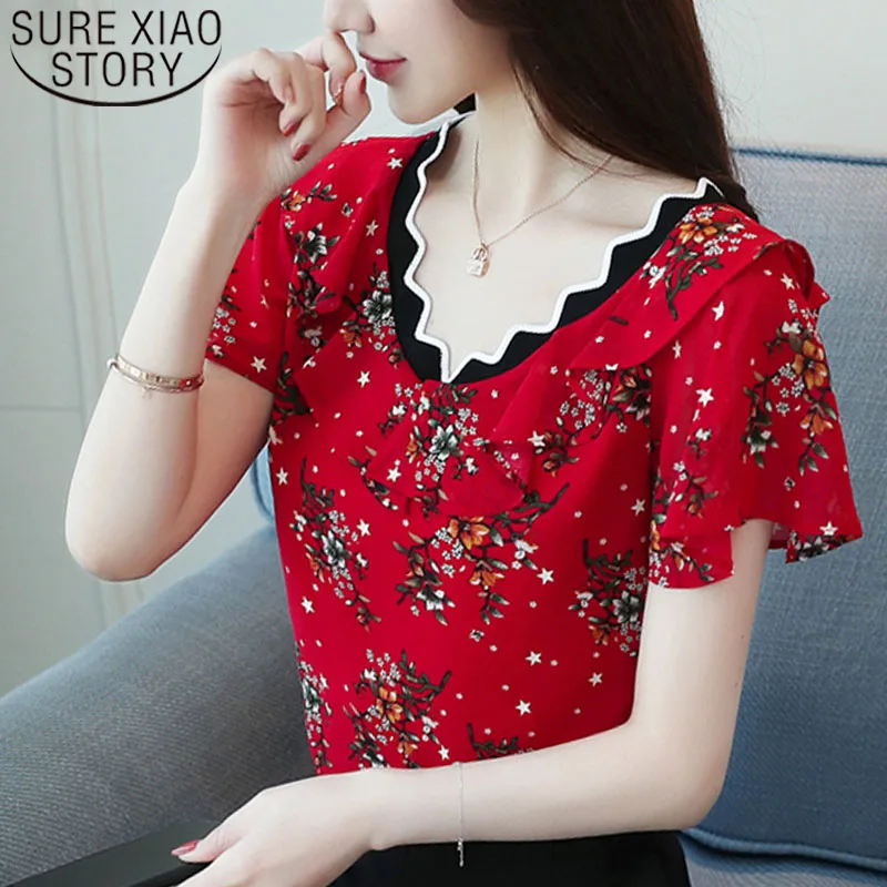 

Women blouse and tops 2019 red Floral Chiffon Women Blouse Shirt Female Short Sleeve shirts V Collar ladies Tops Blusas 0573 40