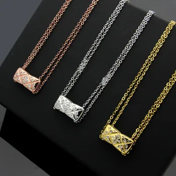 

Hot Sale Cutting Grain Rectangular With Rhinestone CZ Double Chains Stainless Steel Necklace