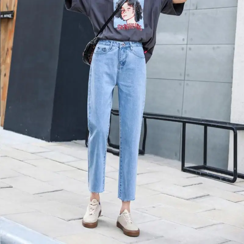 

Fashion Denim Pants Trousers Women Straight Ankle-Length Pants Casual Wide Leg Jeans High Waist Cool Hip Hop Slim Washed Blue
