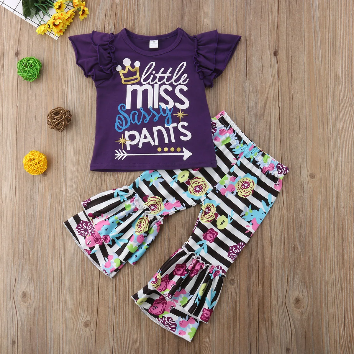 

2019 Toddler Newborn Kids Girls Ruffle Letter T-shirt Tops Striped Pants Leggings Outfits Cute Clothes 2Pcs Set 1-6Y