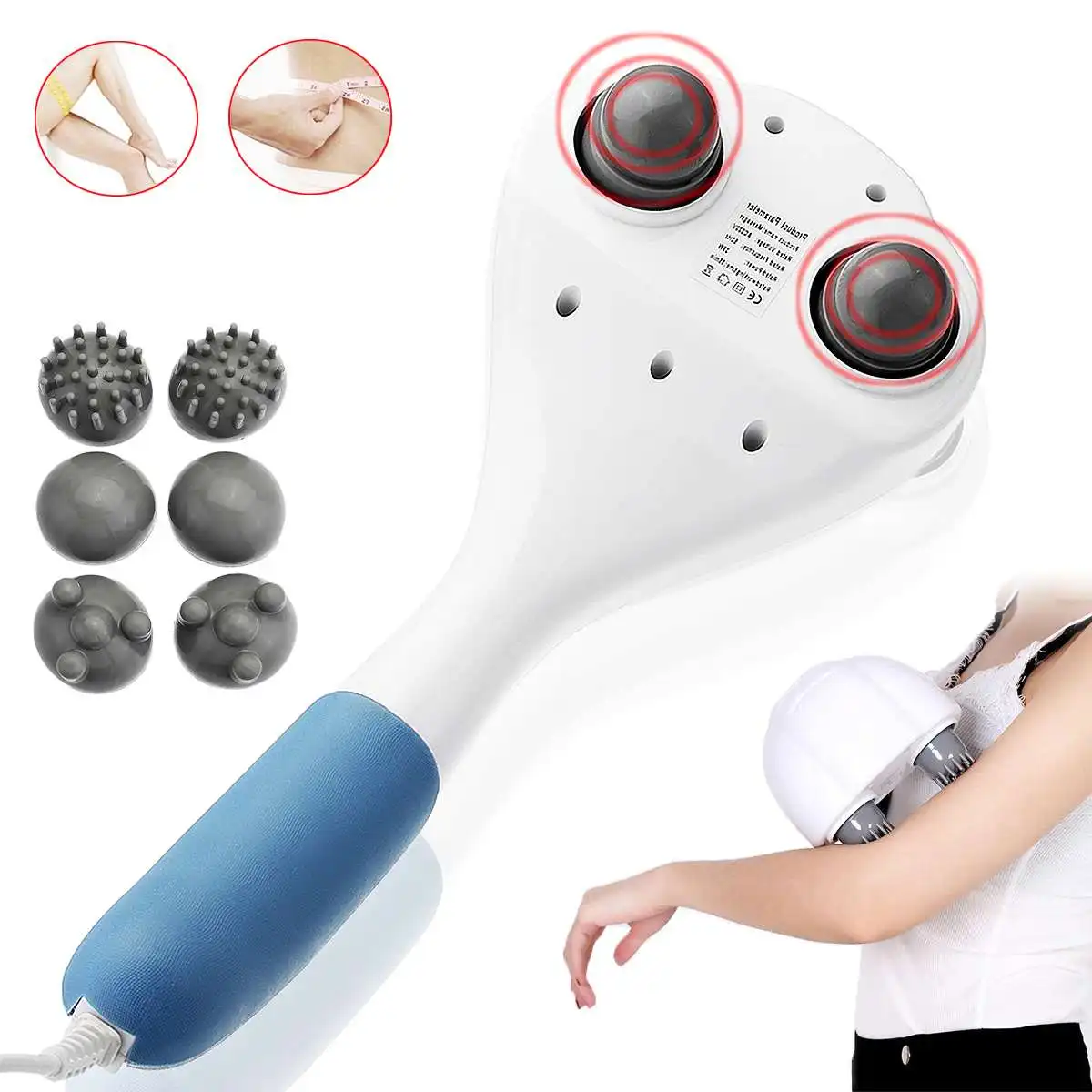 Electric Handheld Massager Hammer Vibrating Double Head Neck Back Body Cervical Vertebra Relax Stick Roller With 6 Massage Heads