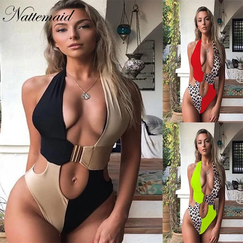 

NATTEMAID Patchwork One Piece Halter Rompers Womens Jumpsuit Backless Bodycon Sexy Bodysuit Leopard Summer Bodysuit Swimwear