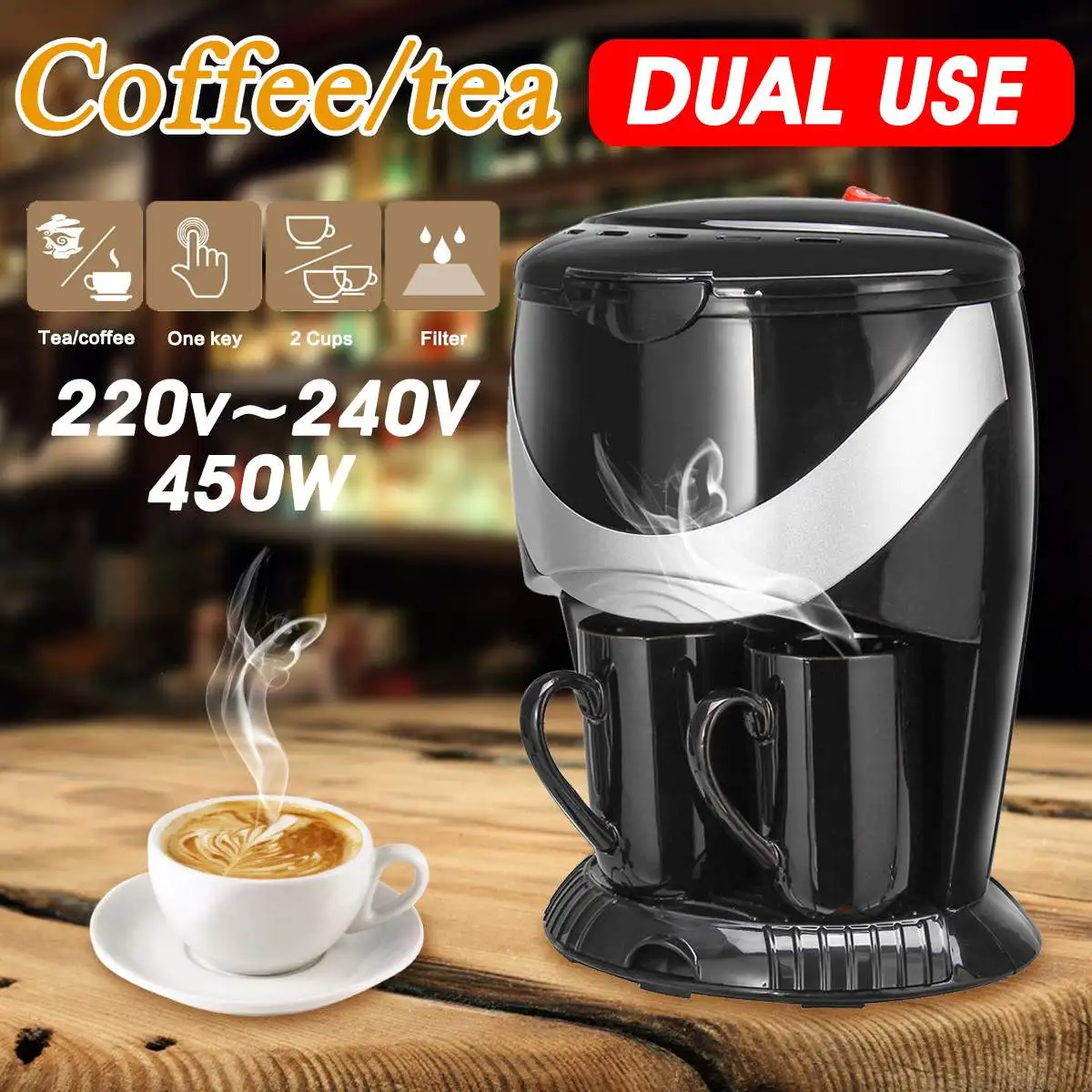 Warmtoo American Coffee Maker Machine Automatic Drip Type Electric Mini Coffee Machine with 2pcs Cups + Filter