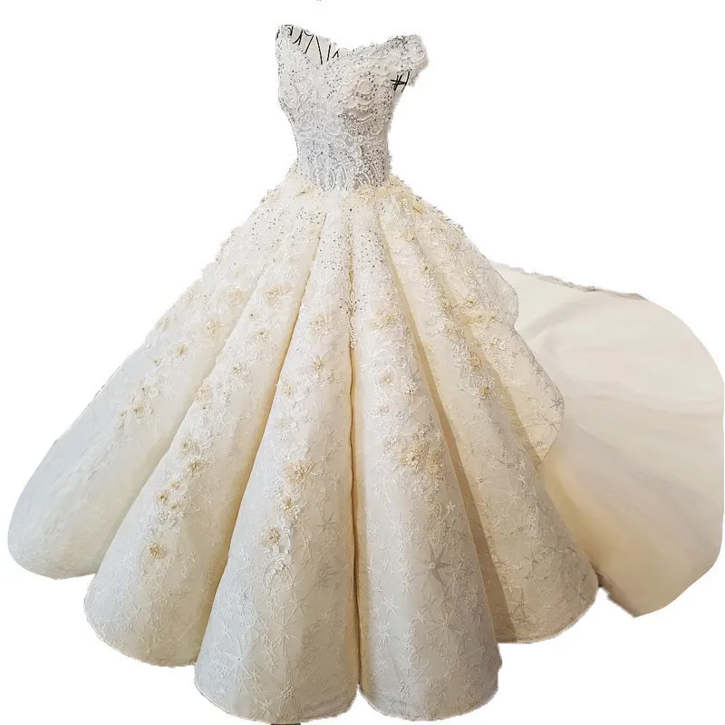 2018 шампанское кружево зубчатый рукавов собор поезд Свадебные платья волны бальное платье с открытыми плечами Винтаж